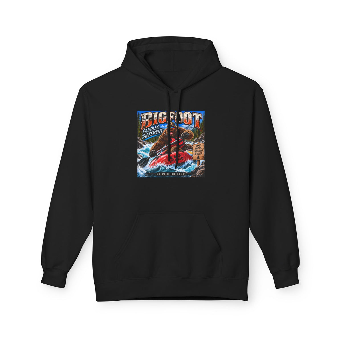 Bigfoot River Adventure Hoodie | Sasquatch Retro Poster Design