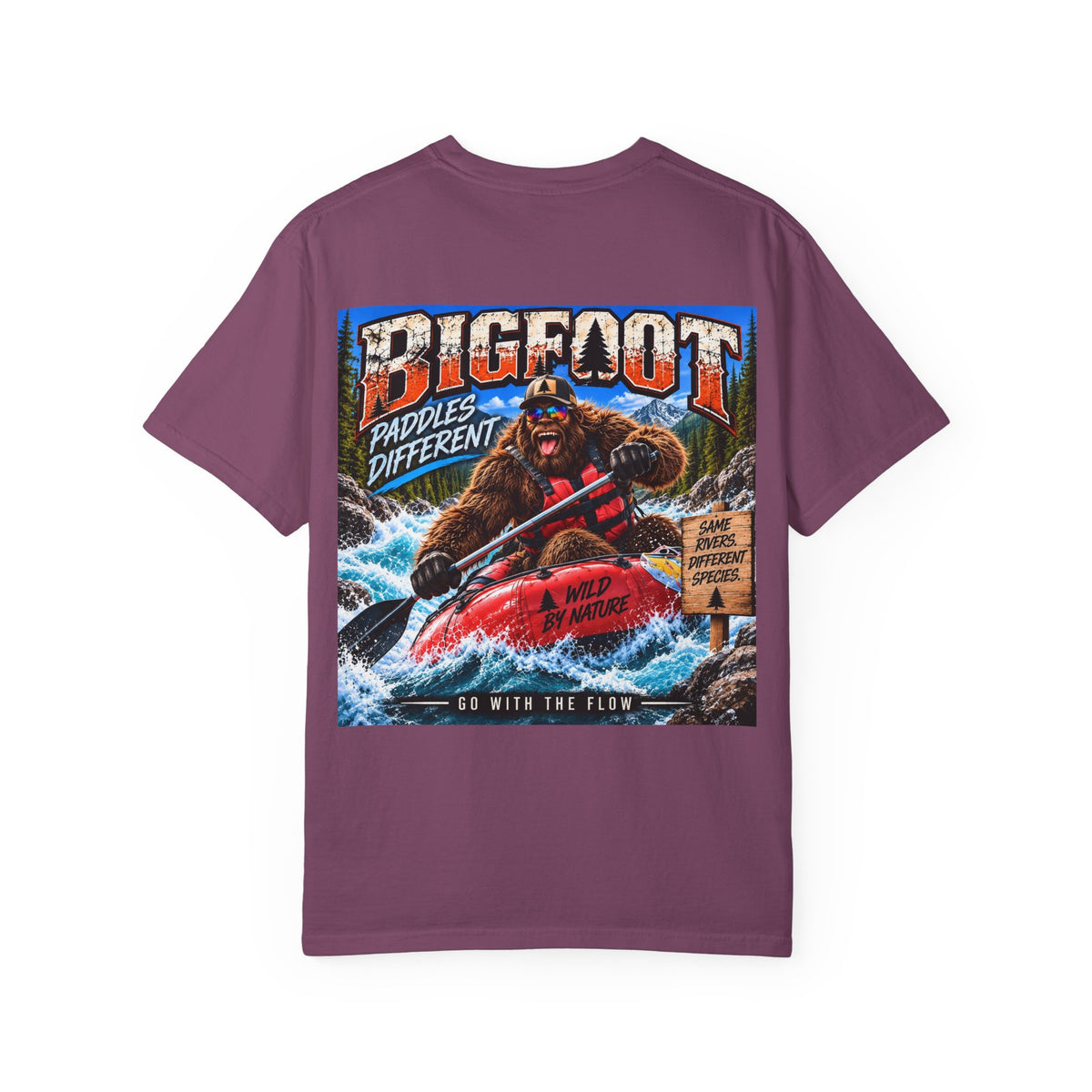 Back Print -  Bigfoot Kayaking Tee | Sasquatch Paddles Different, River Rapids Graphic Shirt