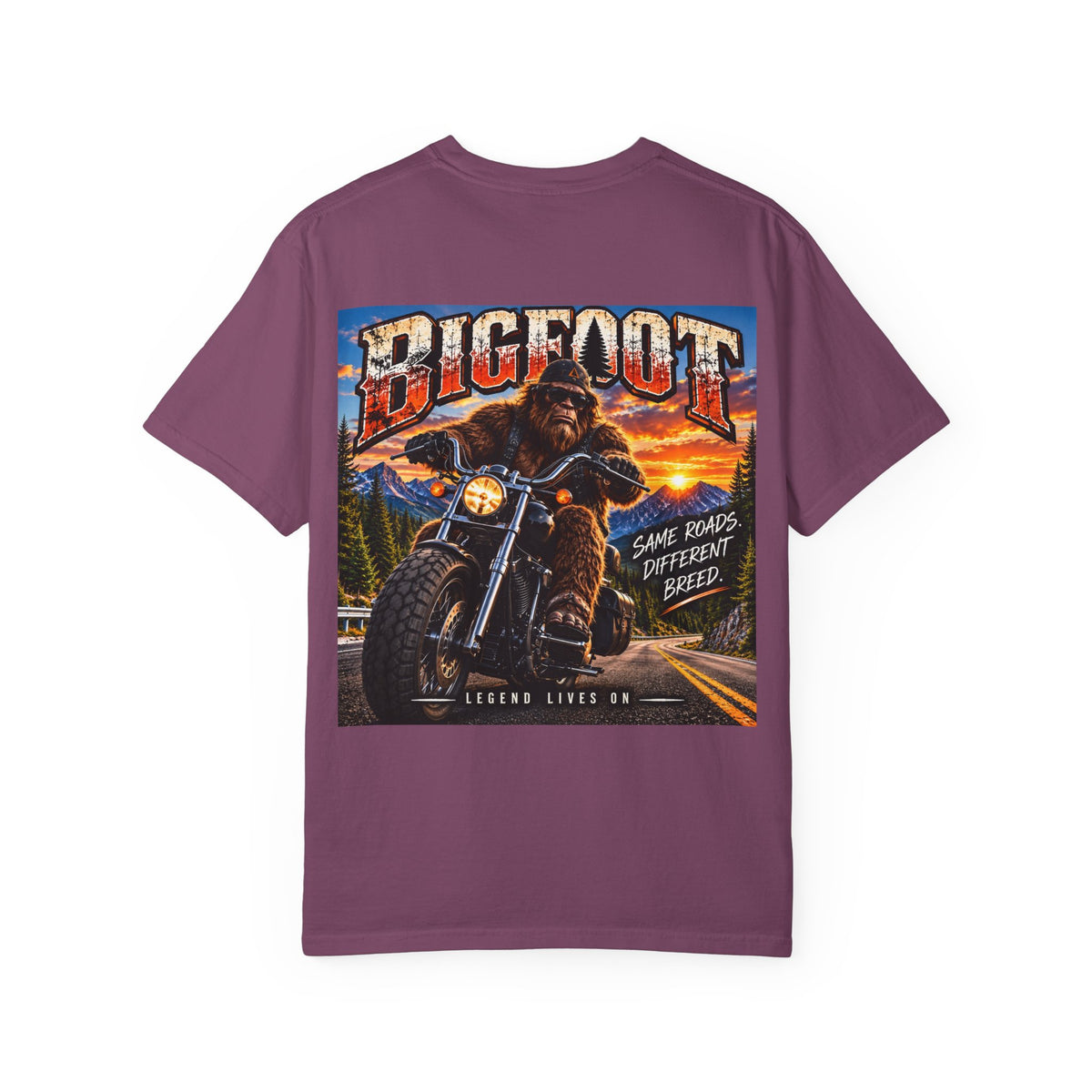 Back Print - Bigfoot Motorcycle Rider T-shirt | Sasquatch Biker Graphic, Retro Sunset