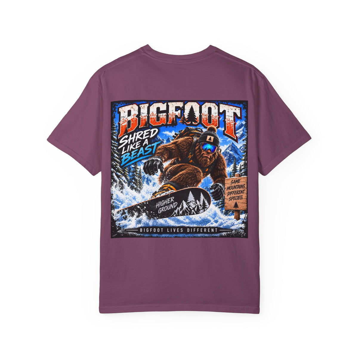 Back Print -  Bigfoot Snowboarder Illustration T-Shirt | Shred Like a Beast Tee