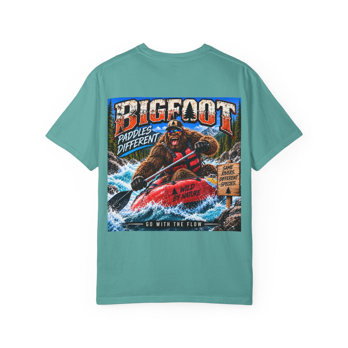 Back Print -  Bigfoot Kayaking Tee | Sasquatch Paddles Different, River Rapids Graphic Shirt