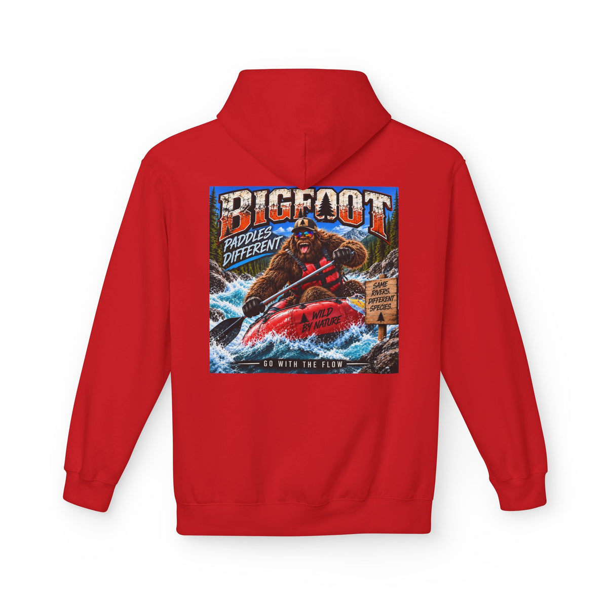 Back Print - Bigfoot River Adventure Hoodie | Sasquatch Retro Poster Design
