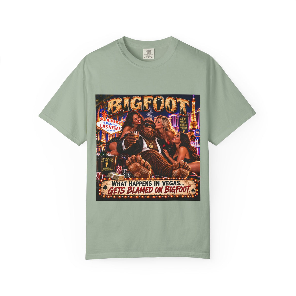 Bigfoot in Las Vegas T-shirt | Retro Casino Scene, 'What Happens in Vegas...'}