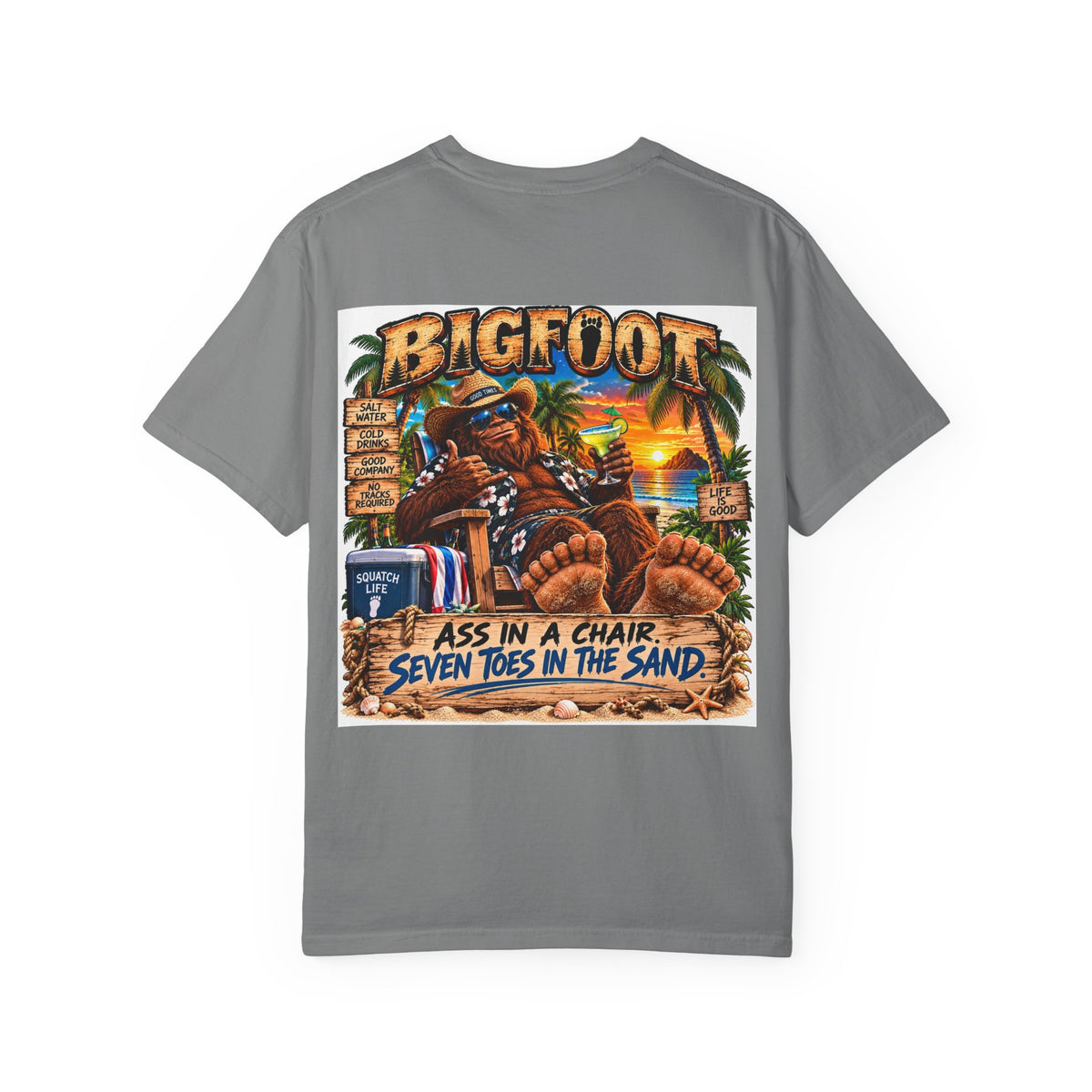 Back Print -Bigfoot Beach Scene T-shirt | Bigfoot Relaxing in Chair Sunset Graphic