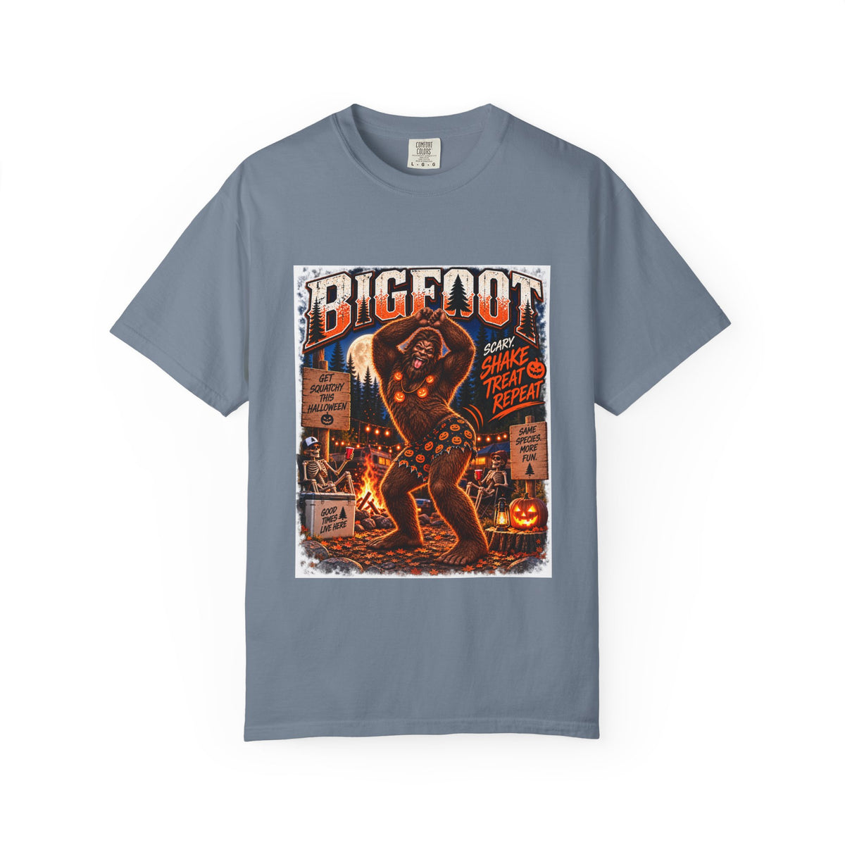 Bigfoot Halloween Dance Illustration T-Shirt | Spooky Campfire Sasquatch Tee