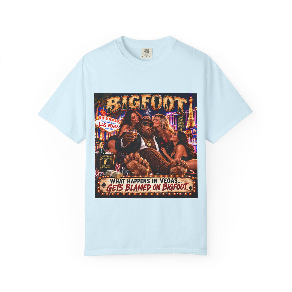 Bigfoot in Las Vegas T-shirt | Retro Casino Scene, 'What Happens in Vegas...'}