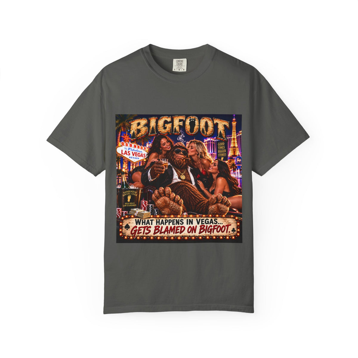 Bigfoot in Las Vegas T-shirt | Retro Casino Scene, 'What Happens in Vegas...'}