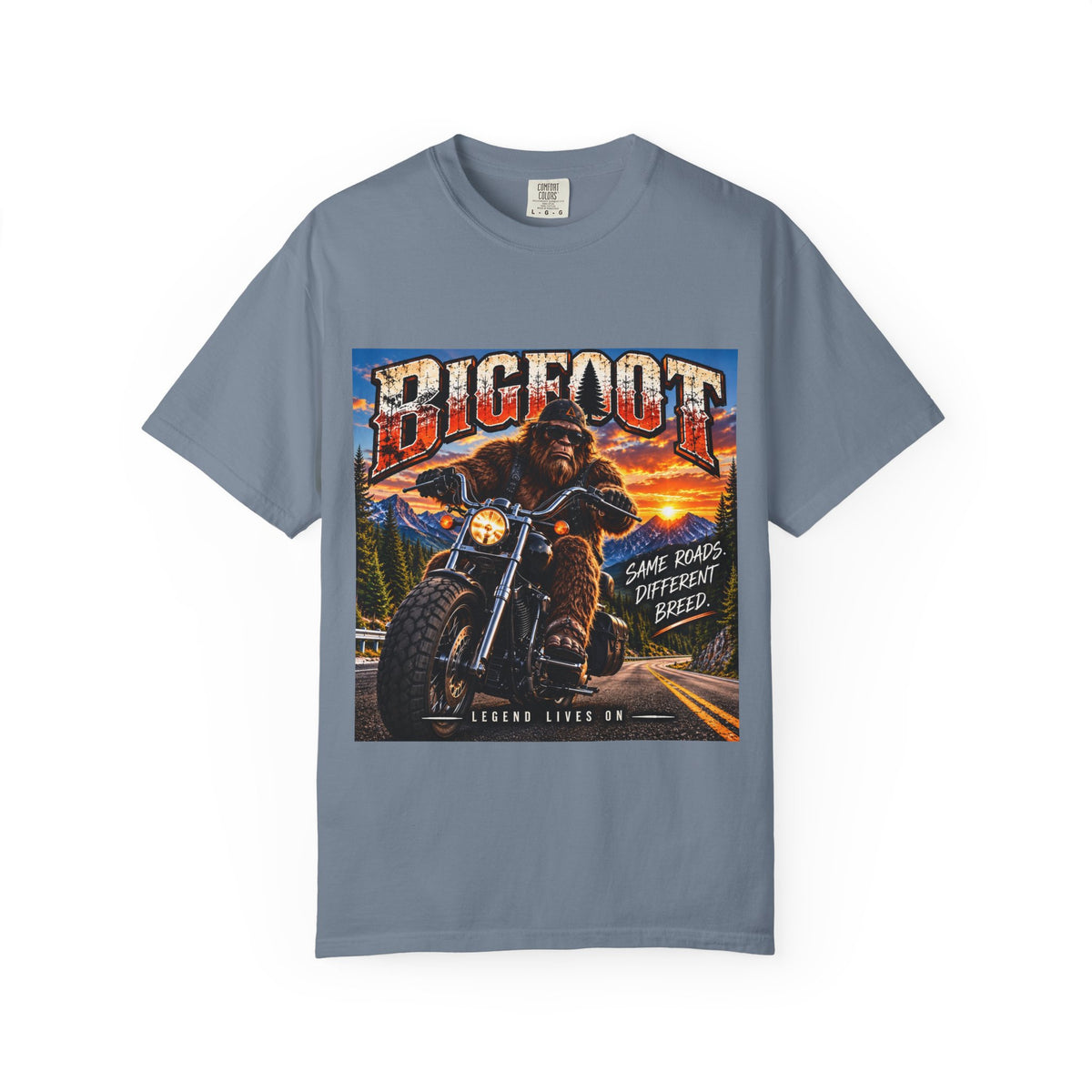 Bigfoot Motorcycle Rider T-shirt | Sasquatch Biker Graphic, Retro Sunset