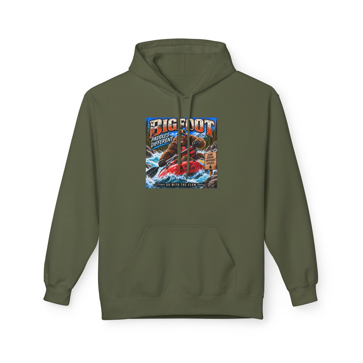 Bigfoot River Adventure Hoodie | Sasquatch Retro Poster Design