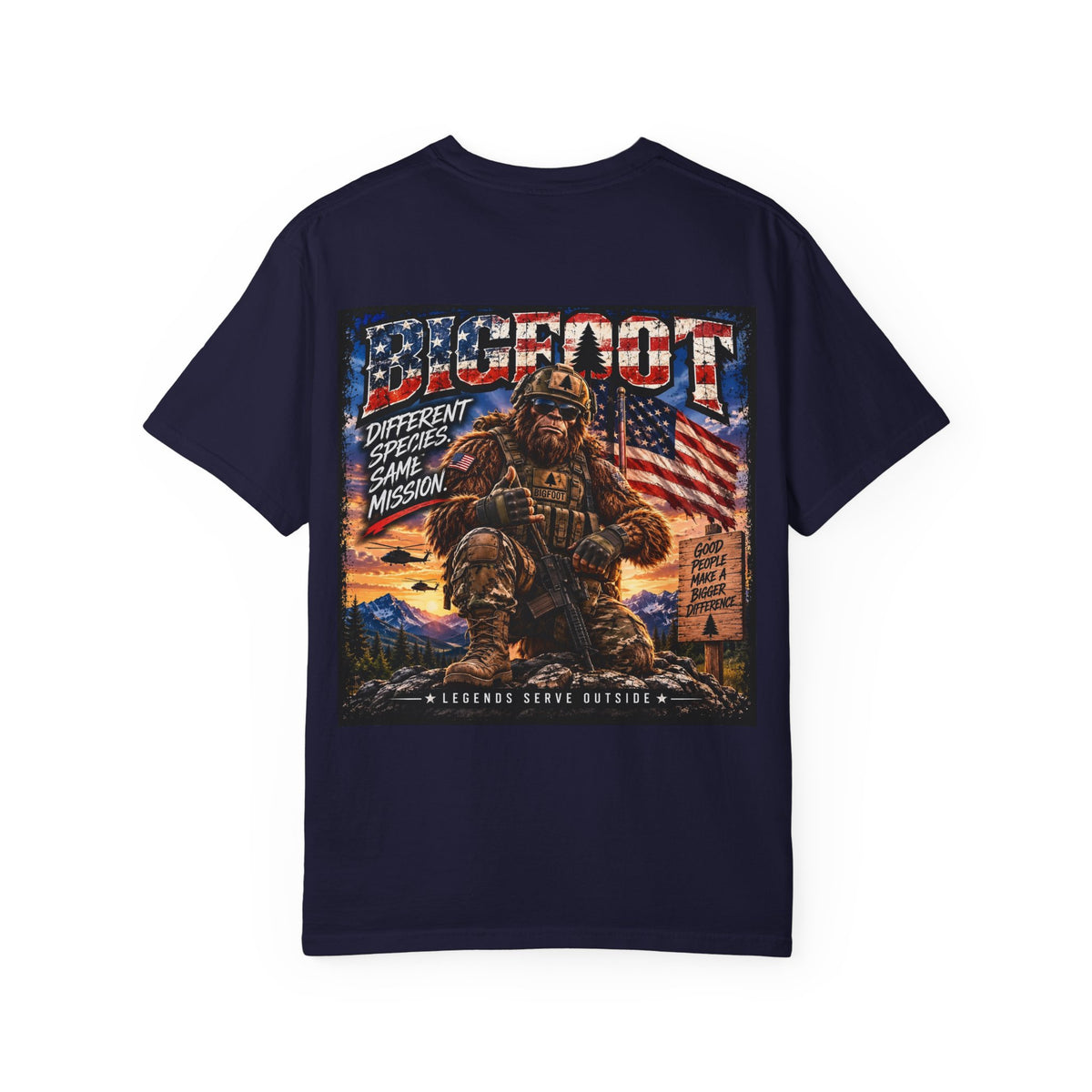 Back Print- Bigfoot American Flag Illustration T-Shirt | Sasquatch Retro Graphic Tee