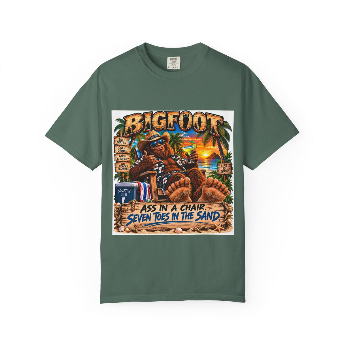 Bigfoot Beach Scene T-shirt | Bigfoot Relaxing in Chair Sunset Graphic