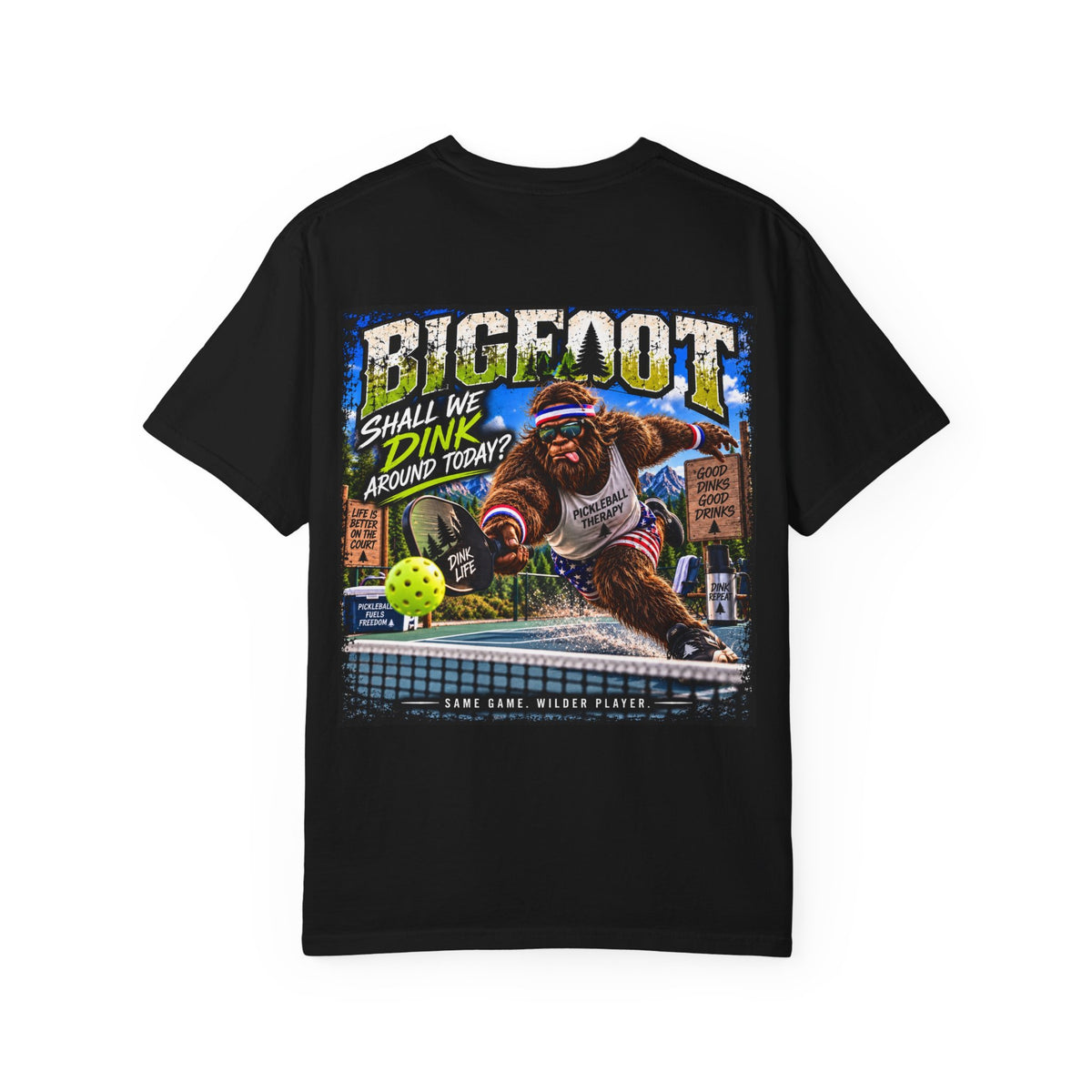 Back Print - Bigfoot Pickleball Poster Art T-Shirt | Shall We Dink Retro Graphic
