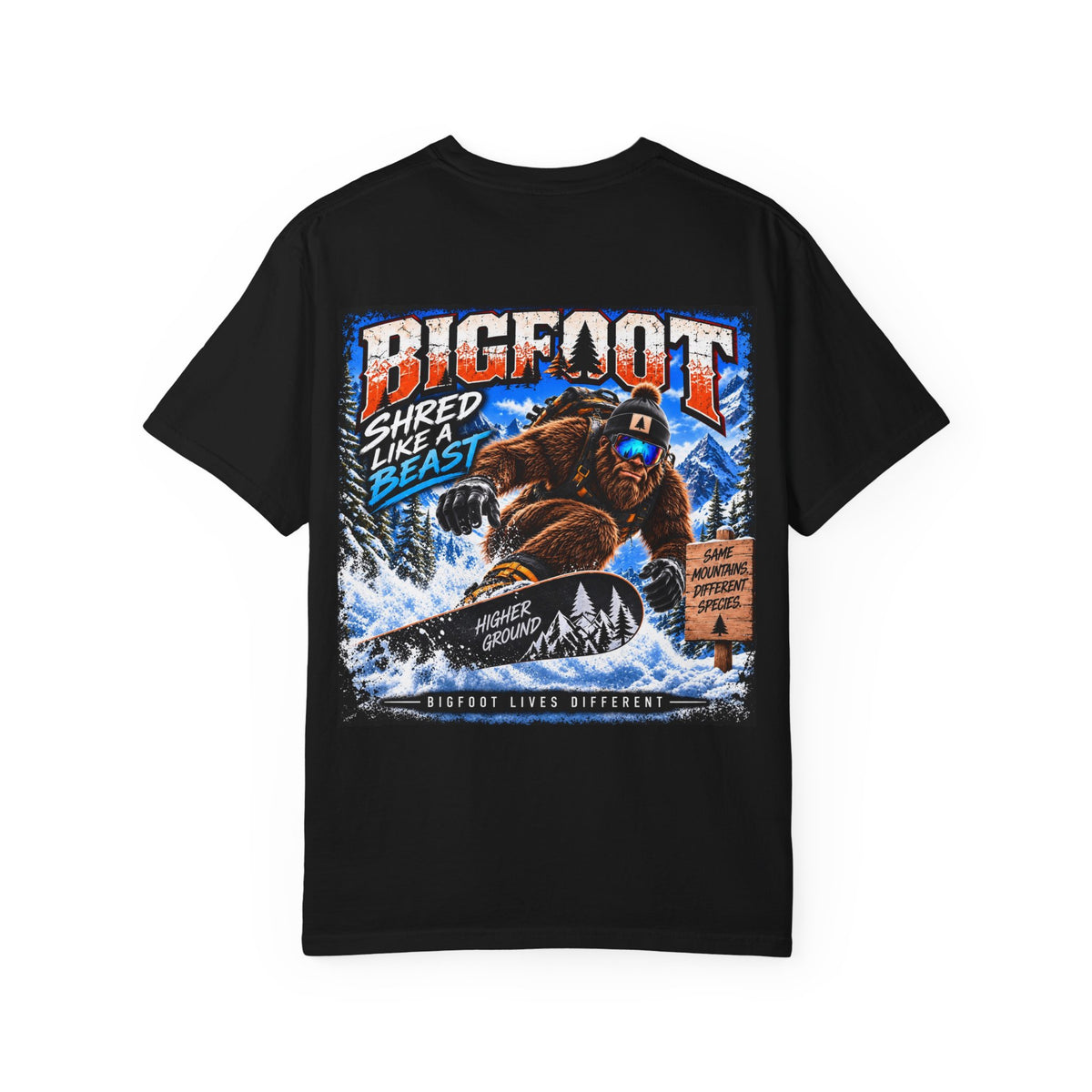 Back Print -  Bigfoot Snowboarder Illustration T-Shirt | Shred Like a Beast Tee