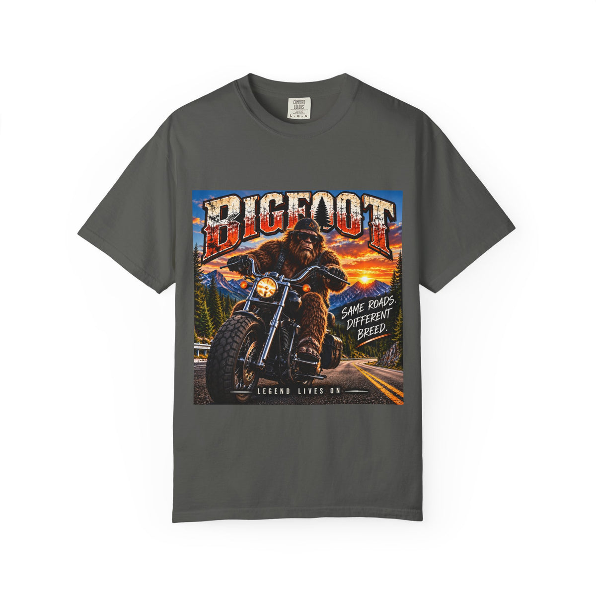 Bigfoot Motorcycle Rider T-shirt | Sasquatch Biker Graphic, Retro Sunset
