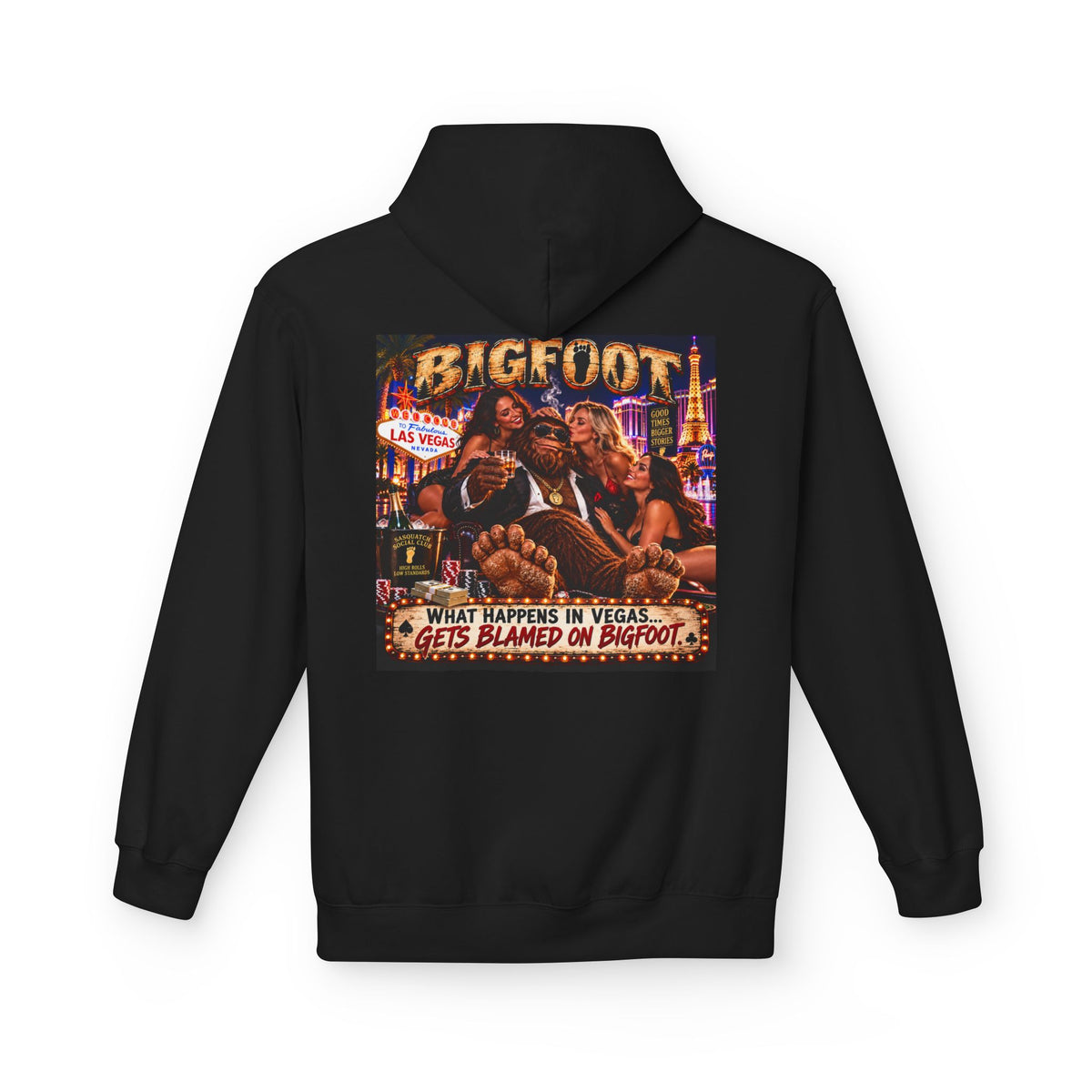 Back Print - Bigfoot Sasquatch Night Out Hoodie | Vintage Cryptid Campfire Design