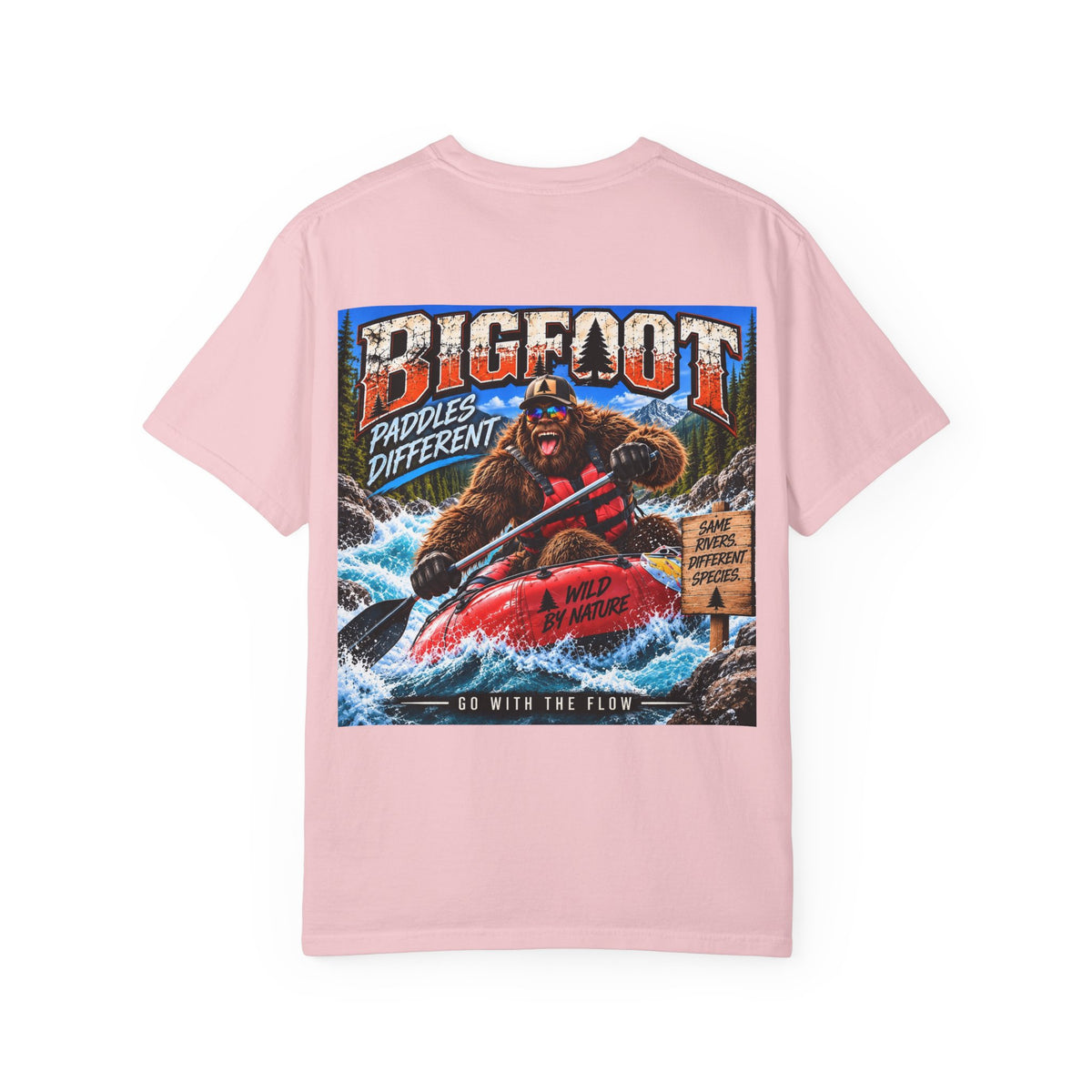Back Print -  Bigfoot Kayaking Tee | Sasquatch Paddles Different, River Rapids Graphic Shirt