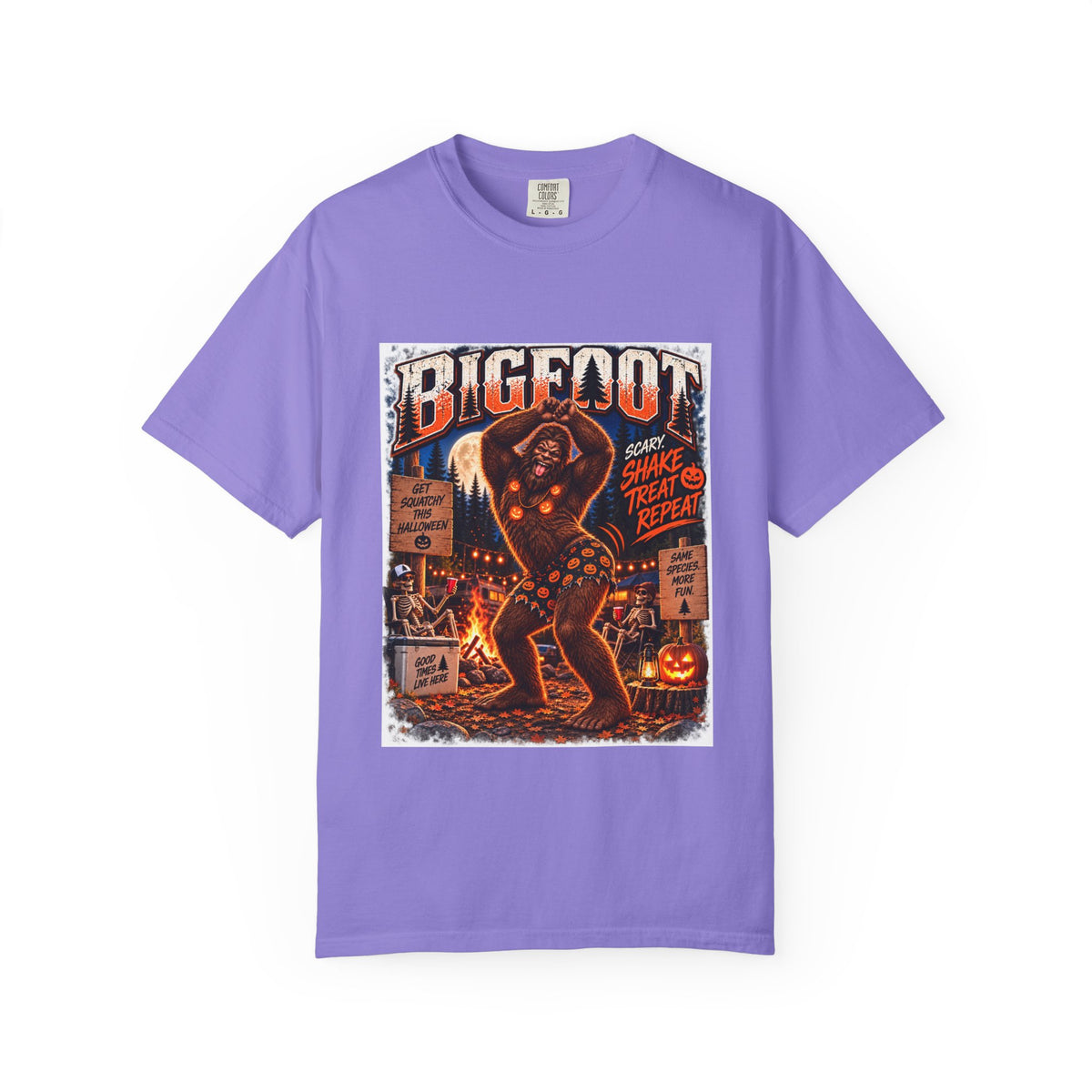 Bigfoot Halloween Dance Illustration T-Shirt | Spooky Campfire Sasquatch Tee