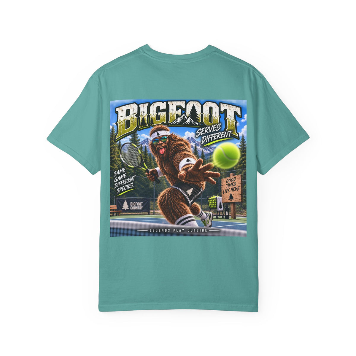 Back Print- Bigfoot Tennis Graphic T-Shirt | Vintage Sports Monster Illustration