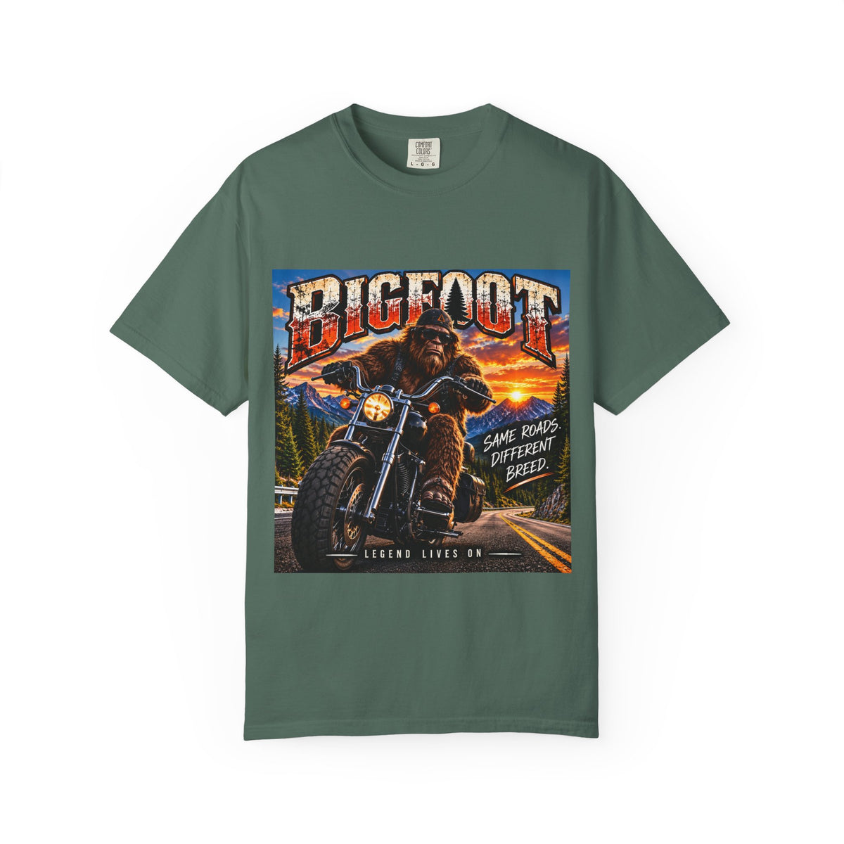 Bigfoot Motorcycle Rider T-shirt | Sasquatch Biker Graphic, Retro Sunset