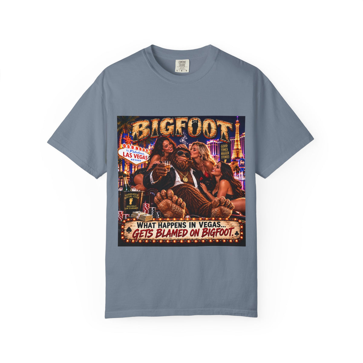 Bigfoot in Las Vegas T-shirt | Retro Casino Scene, 'What Happens in Vegas...'}
