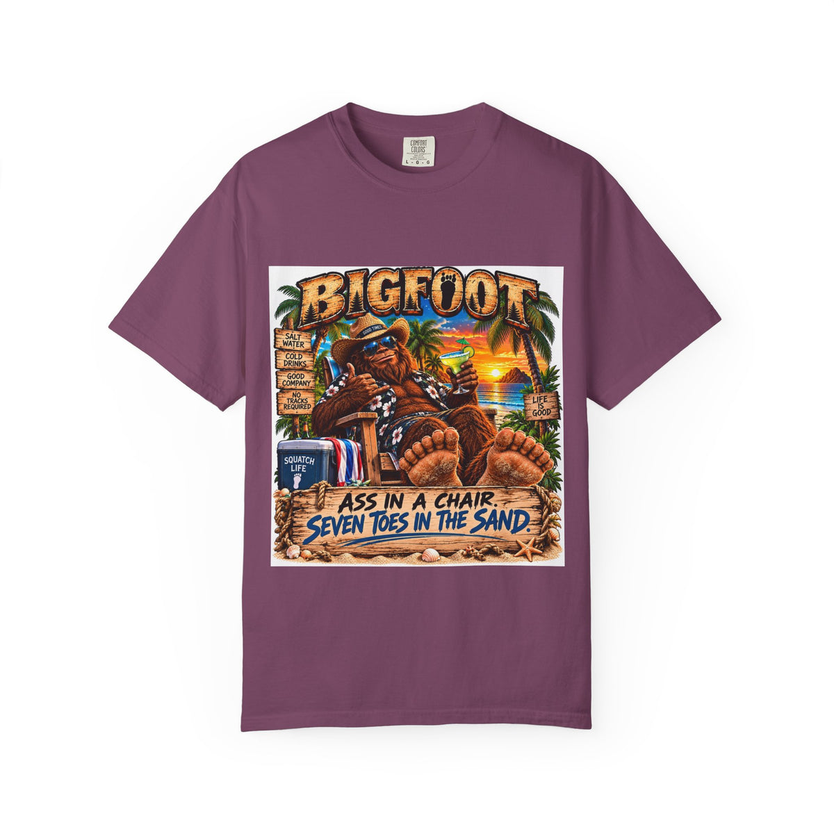 Bigfoot Beach Scene T-shirt | Bigfoot Relaxing in Chair Sunset Graphic