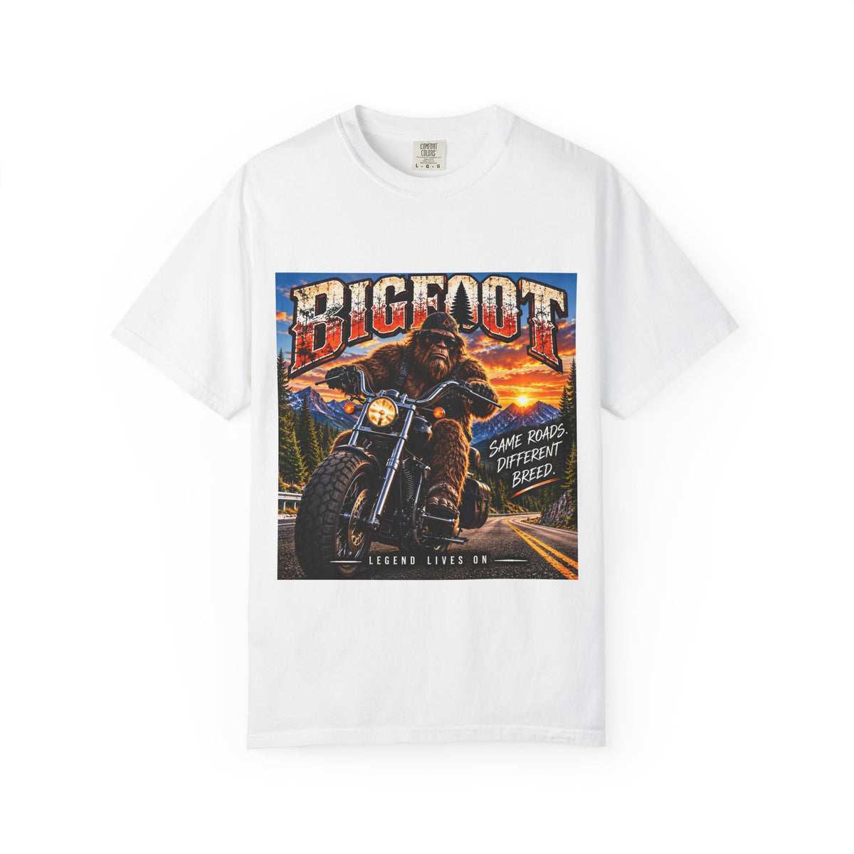 Bigfoot Motorcycle Rider T-shirt | Sasquatch Biker Graphic, Retro Sunset