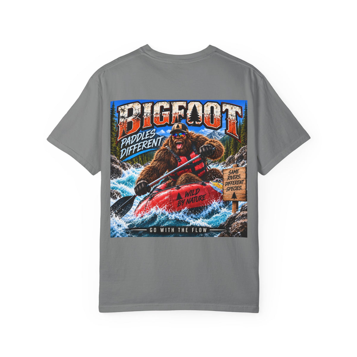 Back Print -  Bigfoot Kayaking Tee | Sasquatch Paddles Different, River Rapids Graphic Shirt