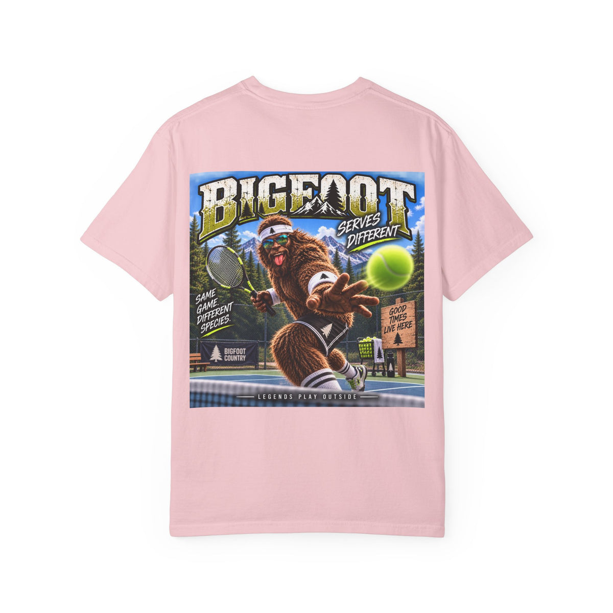 Back Print- Bigfoot Tennis Graphic T-Shirt | Vintage Sports Monster Illustration
