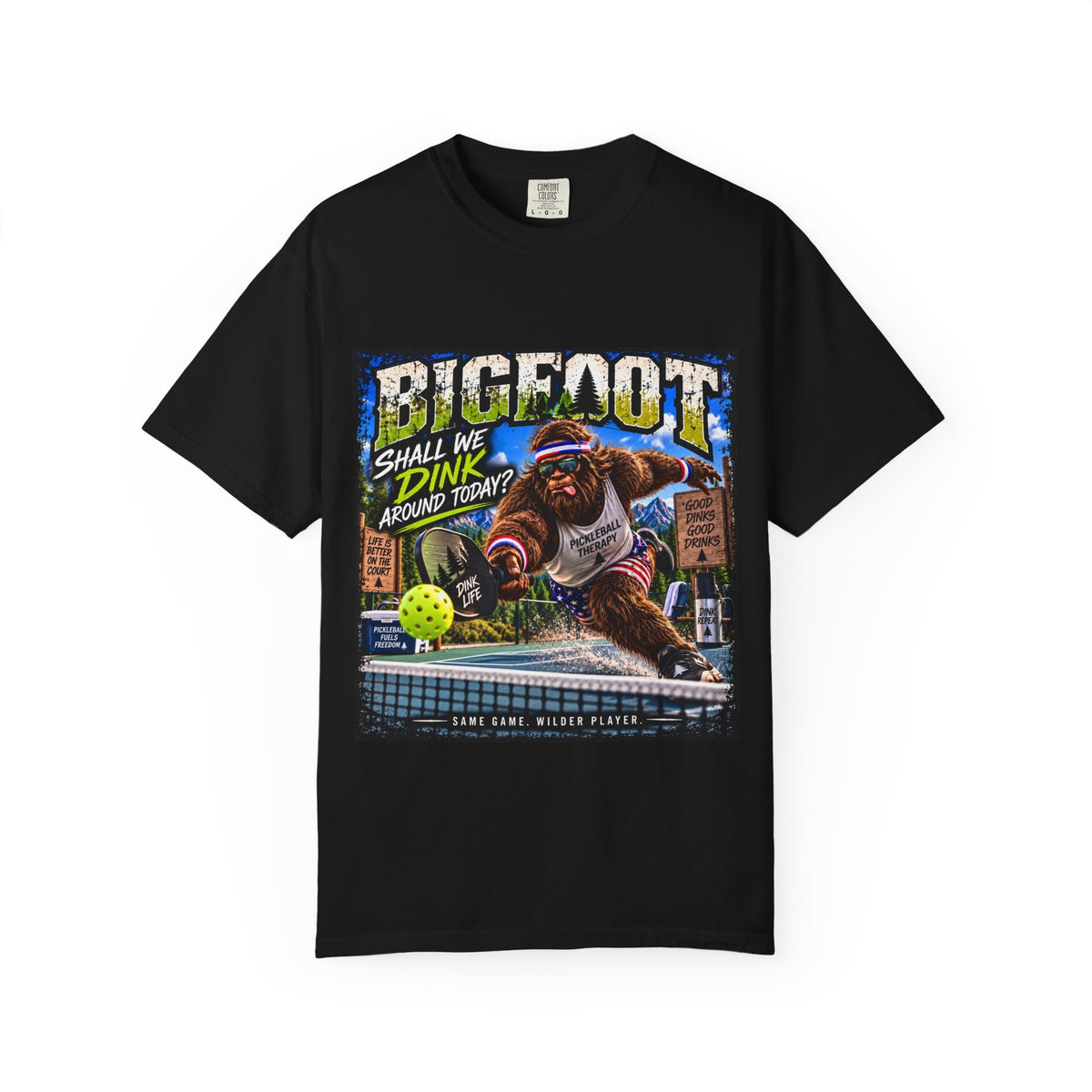 Bigfoot Pickleball Poster Art T-Shirt | Shall We Dink Retro Graphic