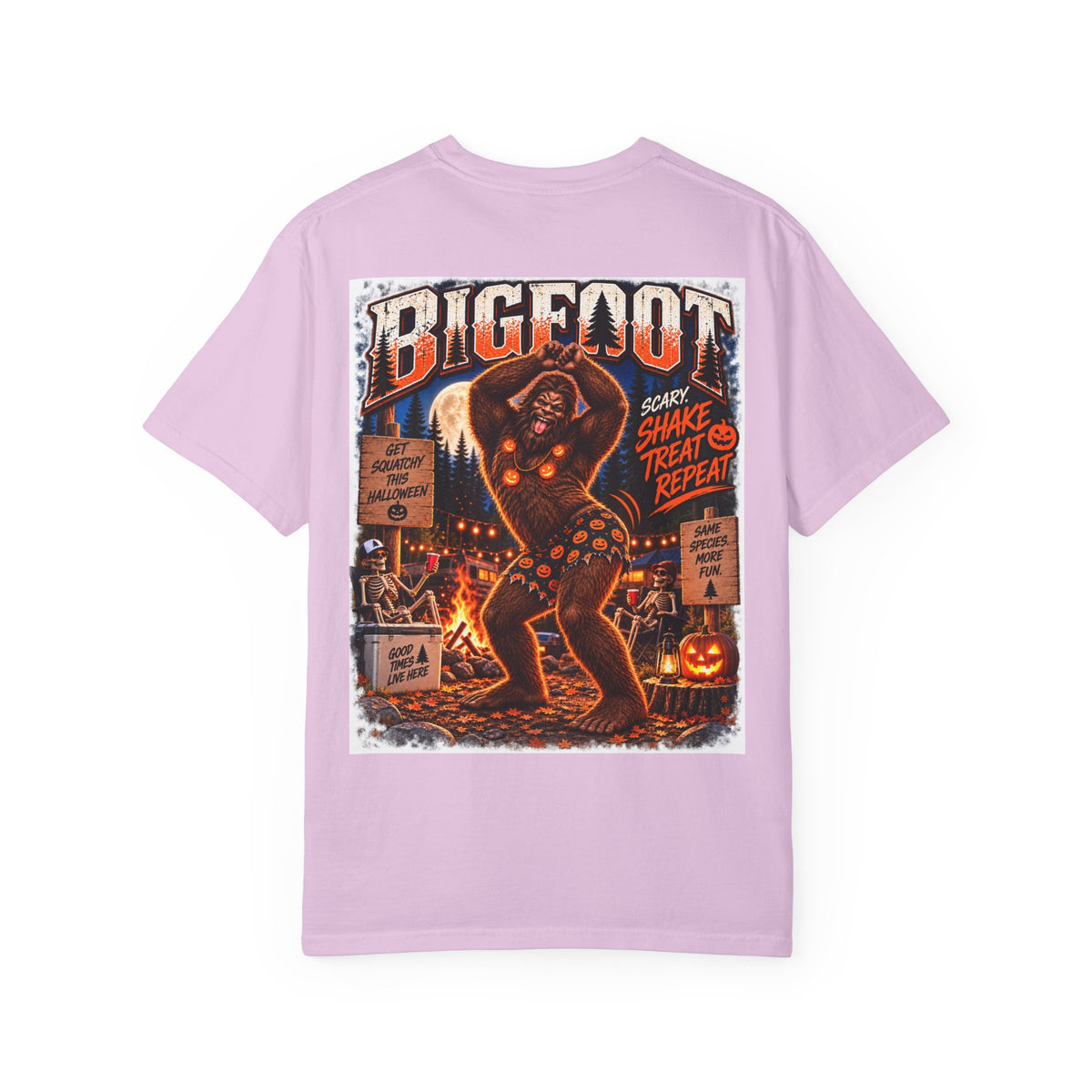 Back Print- Bigfoot Halloween Dance Illustration T-Shirt | Spooky Campfire Sasquatch Tee