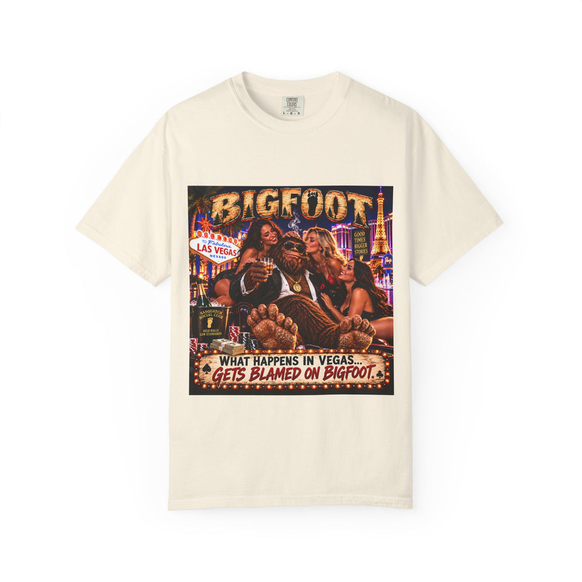 Bigfoot in Las Vegas T-shirt | Retro Casino Scene, 'What Happens in Vegas...'}