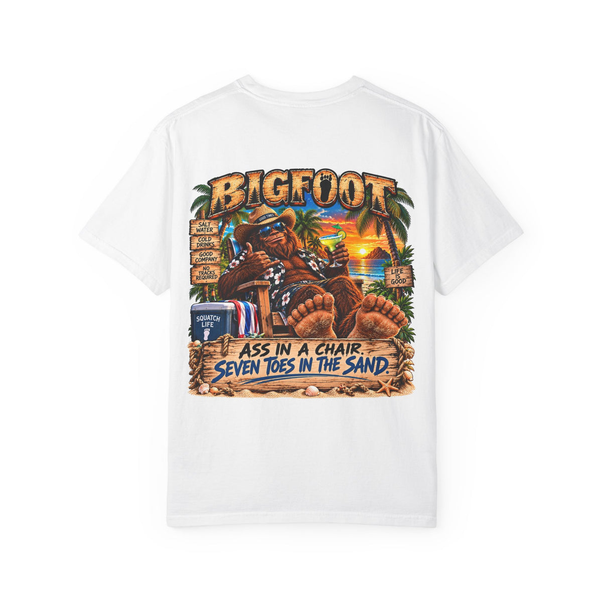 Back Print -Bigfoot Beach Scene T-shirt | Bigfoot Relaxing in Chair Sunset Graphic