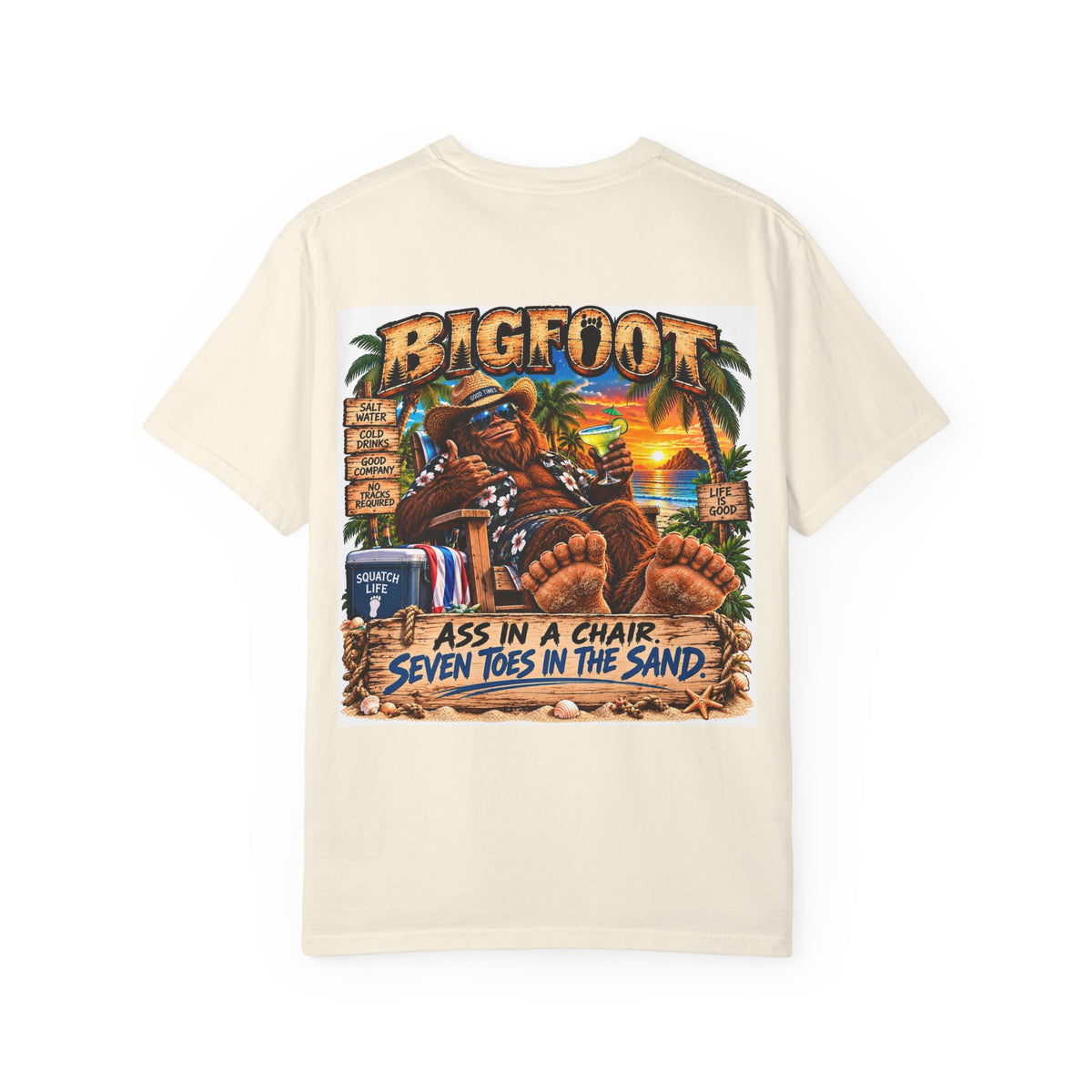 Back Print -Bigfoot Beach Scene T-shirt | Bigfoot Relaxing in Chair Sunset Graphic