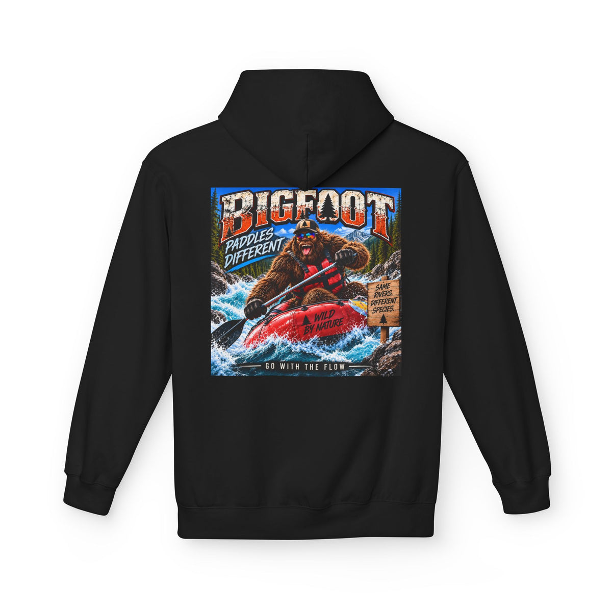 Back Print - Bigfoot River Adventure Hoodie | Sasquatch Retro Poster Design