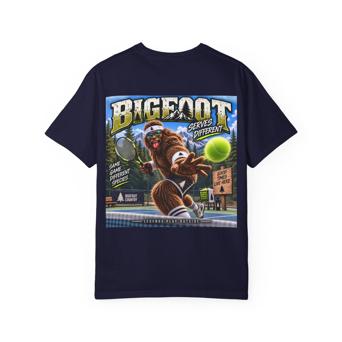 Back Print- Bigfoot Tennis Graphic T-Shirt | Vintage Sports Monster Illustration