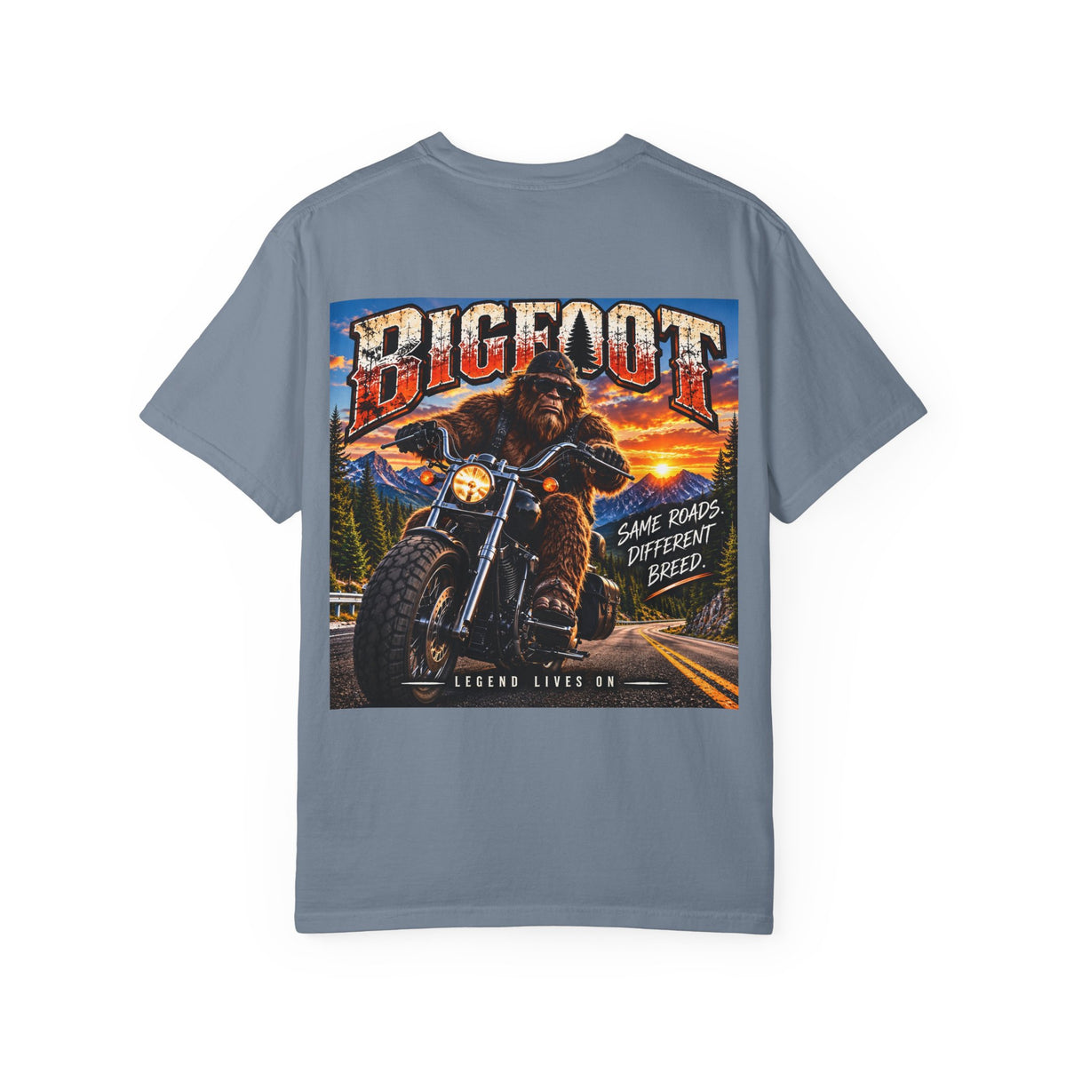 Back Print - Bigfoot Motorcycle Rider T-shirt | Sasquatch Biker Graphic, Retro Sunset
