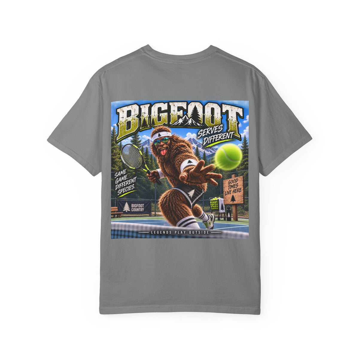 Back Print- Bigfoot Tennis Graphic T-Shirt | Vintage Sports Monster Illustration