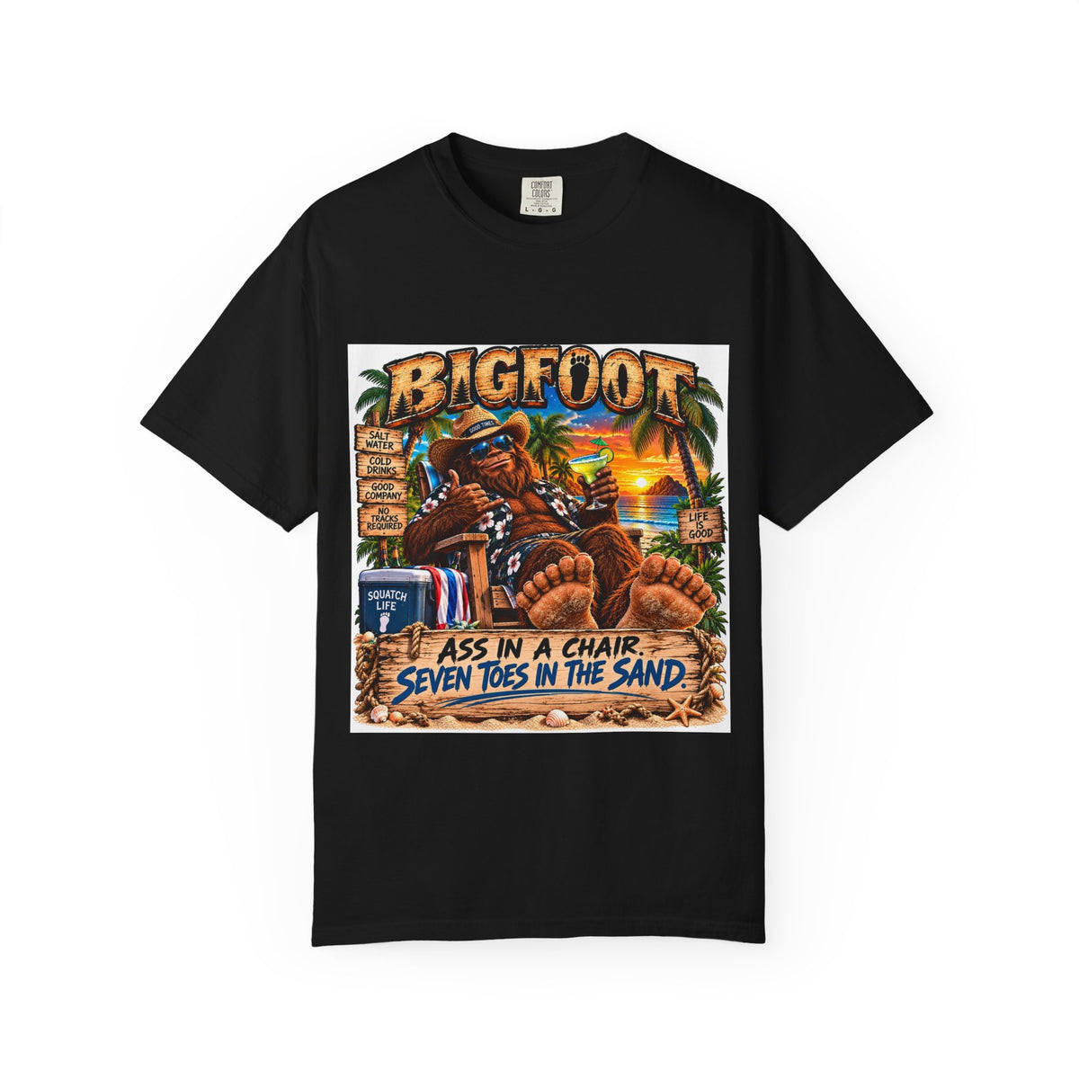 Bigfoot Beach Scene T-shirt | Bigfoot Relaxing in Chair Sunset Graphic