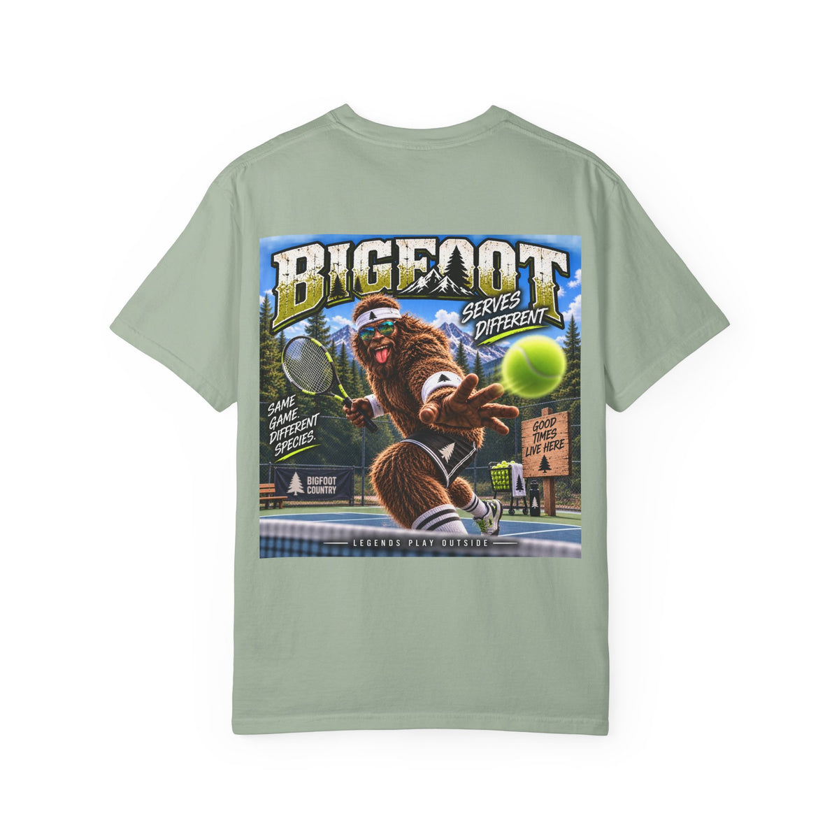Back Print- Bigfoot Tennis Graphic T-Shirt | Vintage Sports Monster Illustration