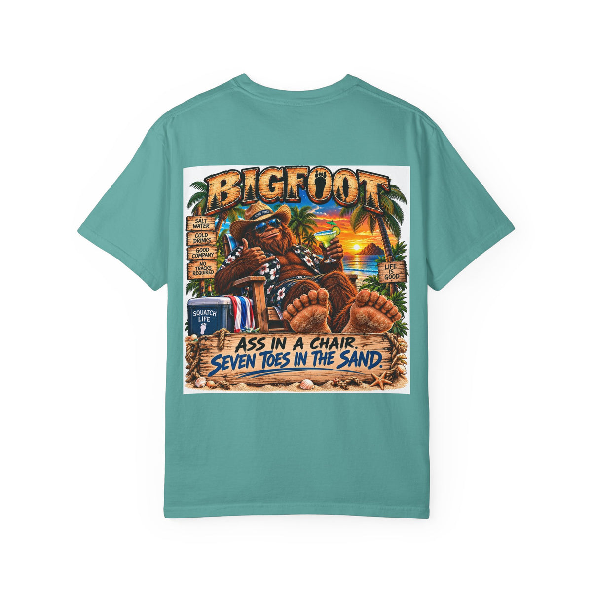 Back Print -Bigfoot Beach Scene T-shirt | Bigfoot Relaxing in Chair Sunset Graphic