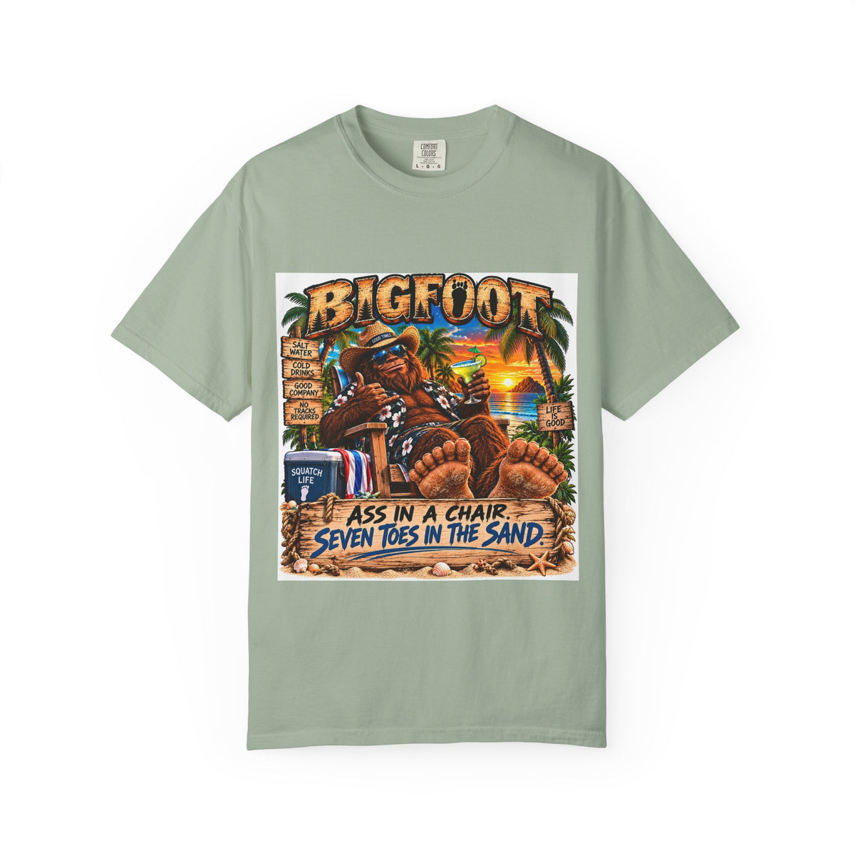 Bigfoot Beach Scene T-shirt | Bigfoot Relaxing in Chair Sunset Graphic