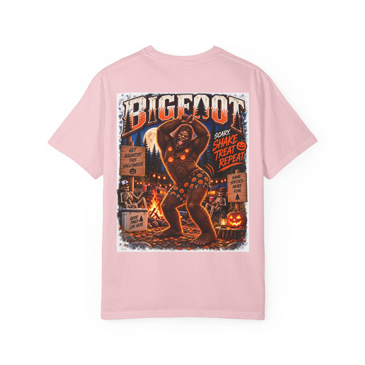 Back Print- Bigfoot Halloween Dance Illustration T-Shirt | Spooky Campfire Sasquatch Tee