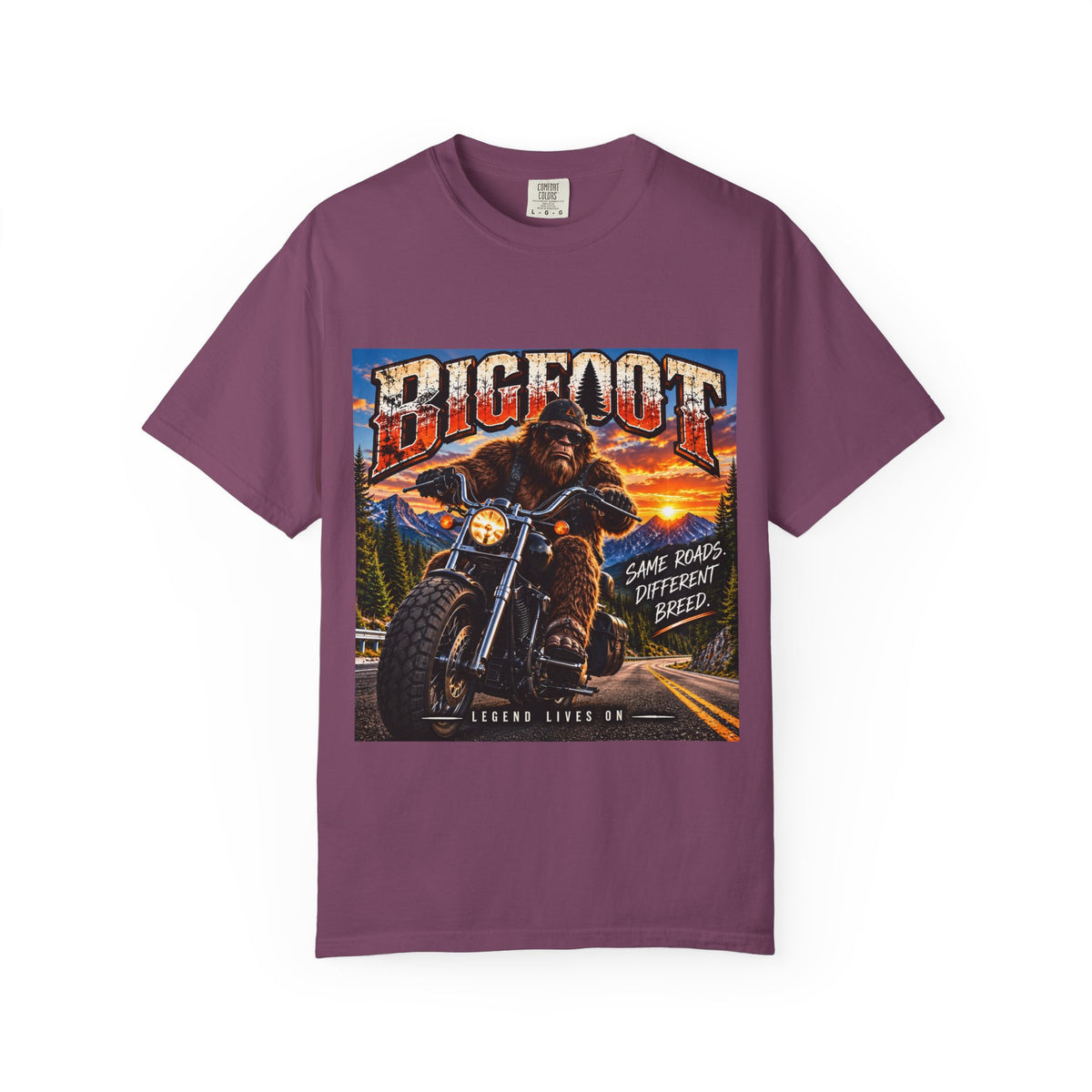 Bigfoot Motorcycle Rider T-shirt | Sasquatch Biker Graphic, Retro Sunset