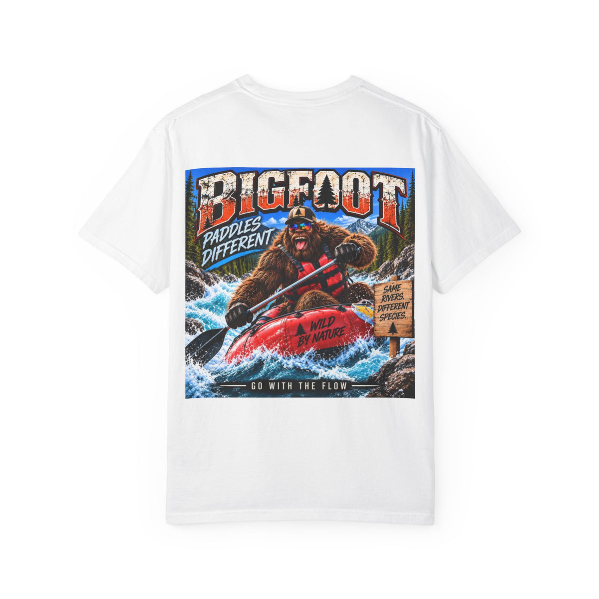 Back Print -  Bigfoot Kayaking Tee | Sasquatch Paddles Different, River Rapids Graphic Shirt