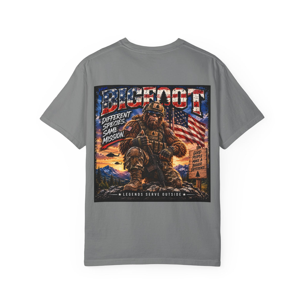 Back Print- Bigfoot American Flag Illustration T-Shirt | Sasquatch Retro Graphic Tee