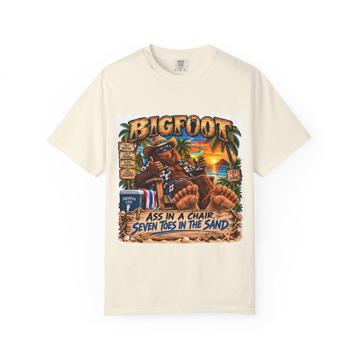 Bigfoot Beach Scene T-shirt | Bigfoot Relaxing in Chair Sunset Graphic