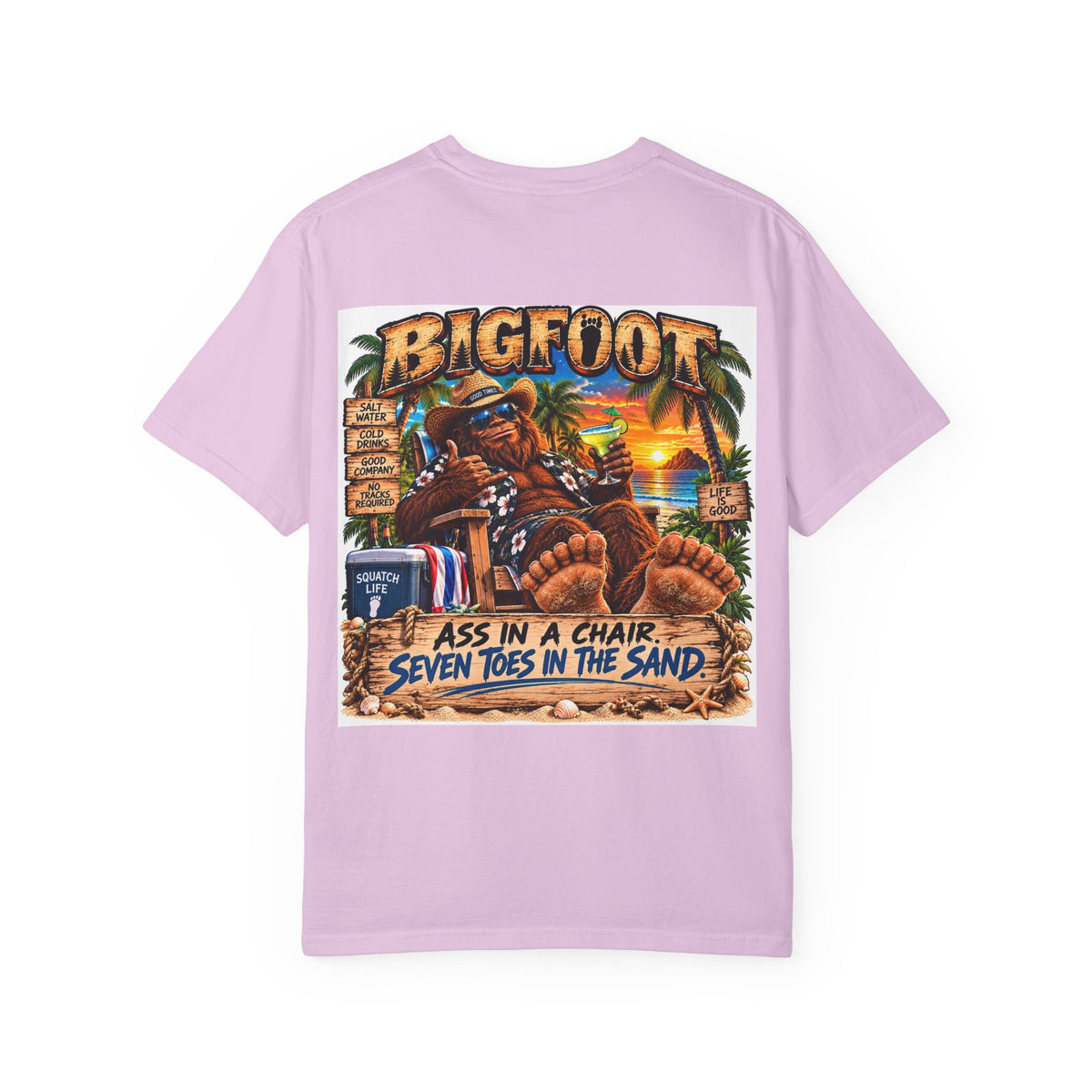Back Print -Bigfoot Beach Scene T-shirt | Bigfoot Relaxing in Chair Sunset Graphic