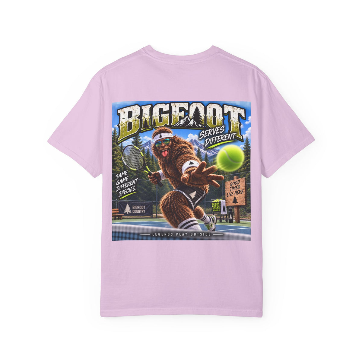 Back Print- Bigfoot Tennis Graphic T-Shirt | Vintage Sports Monster Illustration