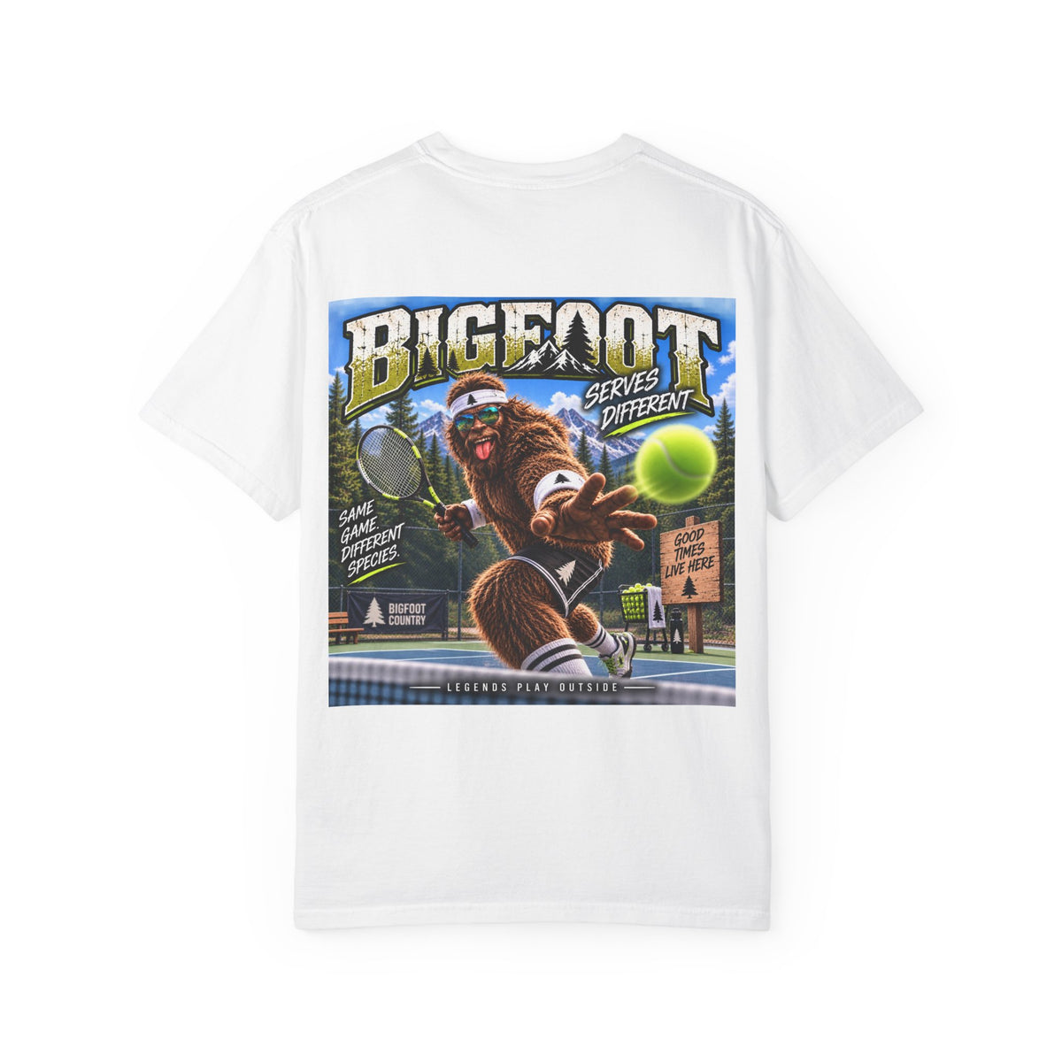 Back Print- Bigfoot Tennis Graphic T-Shirt | Vintage Sports Monster Illustration