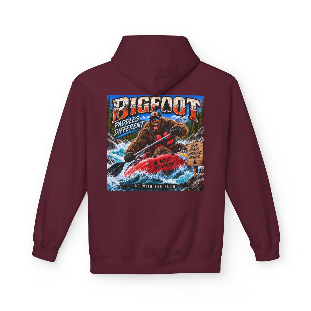 Back Print - Bigfoot River Adventure Hoodie | Sasquatch Retro Poster Design